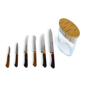 Curel 7-Pc Knife Set - Glass & Wood Block - Pau Santo Wood Handle