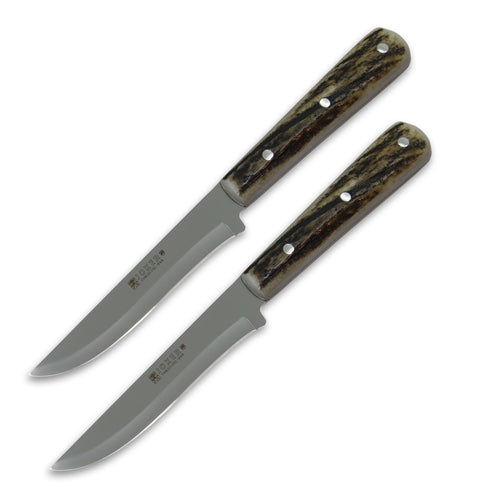 Joker Luxury Country Steak Knife - Authentic Stag Horn Handle - Non-serrated Edge (set of 2)