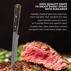 Joker Luxury Country Steak Knife - Authentic Stag Horn Handle - Non-serrated Edge (set of 2)