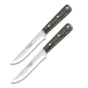 Joker Luxury 8-3/4" Country Steak Knife - Authentic Stag Horn Handle - Serrated Edge (set of 2)